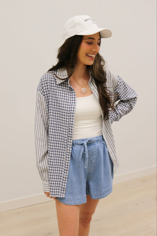 Palmer Mixed Stripe and Gingham Long Sleeve Button Down - Navy Multi