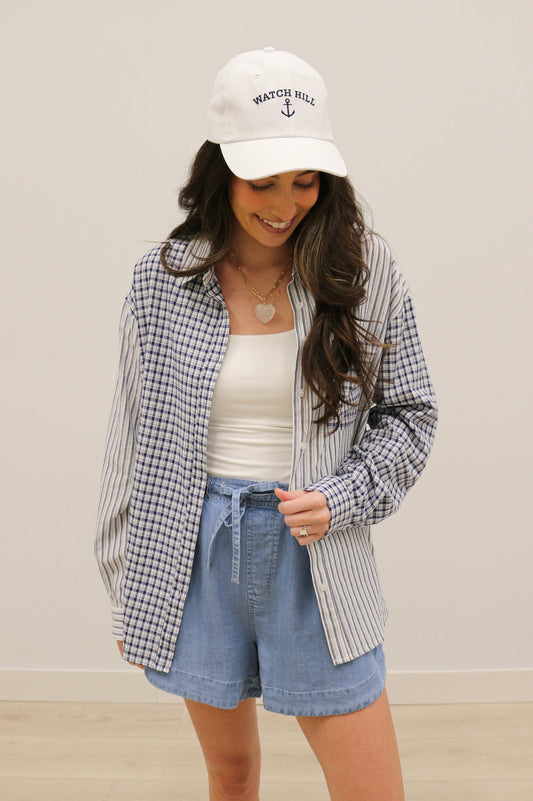 Palmer Mixed Stripe and Gingham Long Sleeve Button Down - Navy Multi