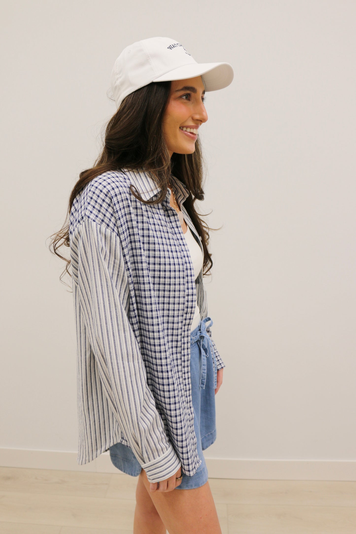 Palmer Mixed Stripe and Gingham Long Sleeve Button Down - Navy Multi