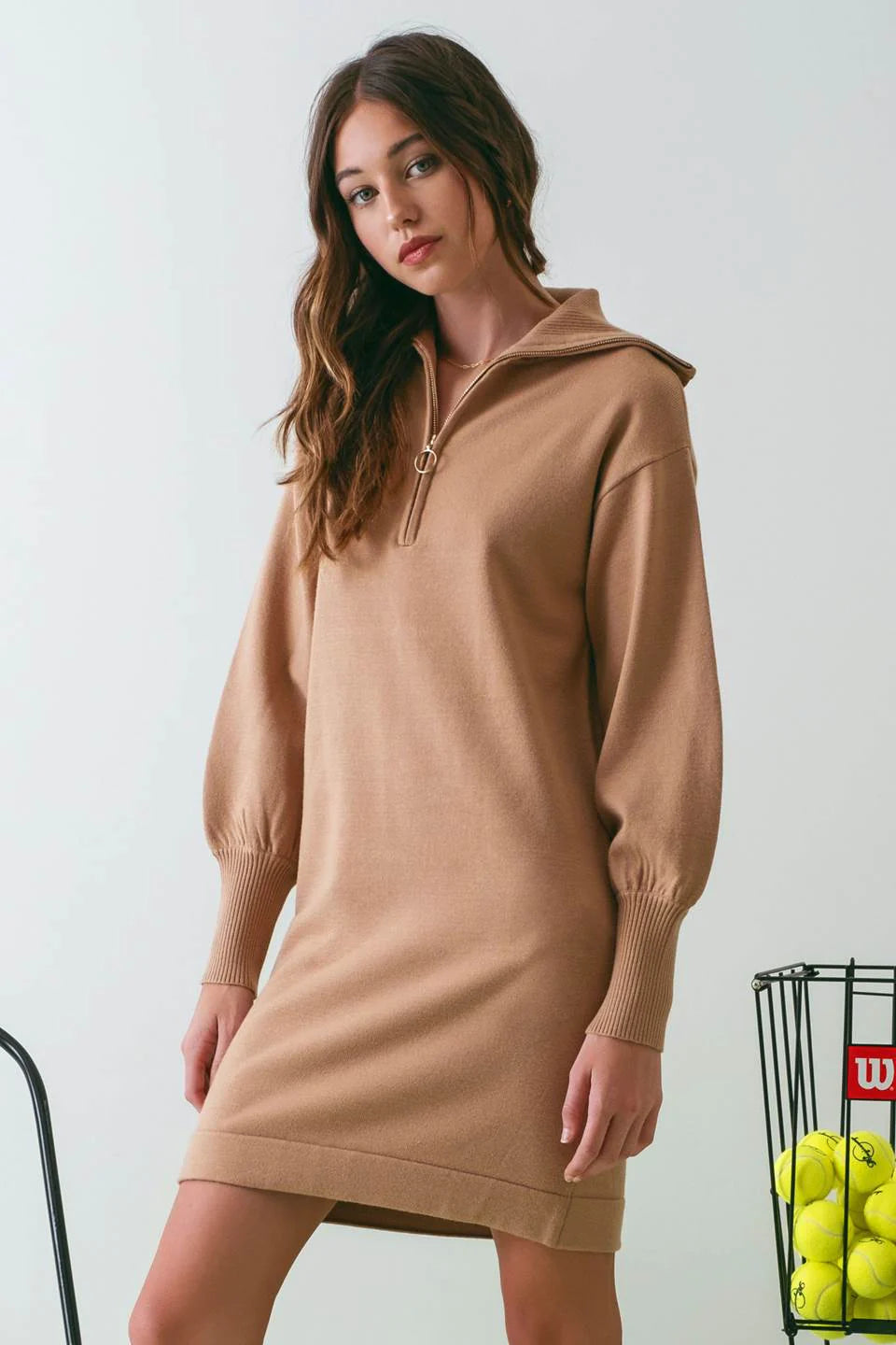 Palmer Half Zip Sailor Collar Knit Sweater Dress - Tan