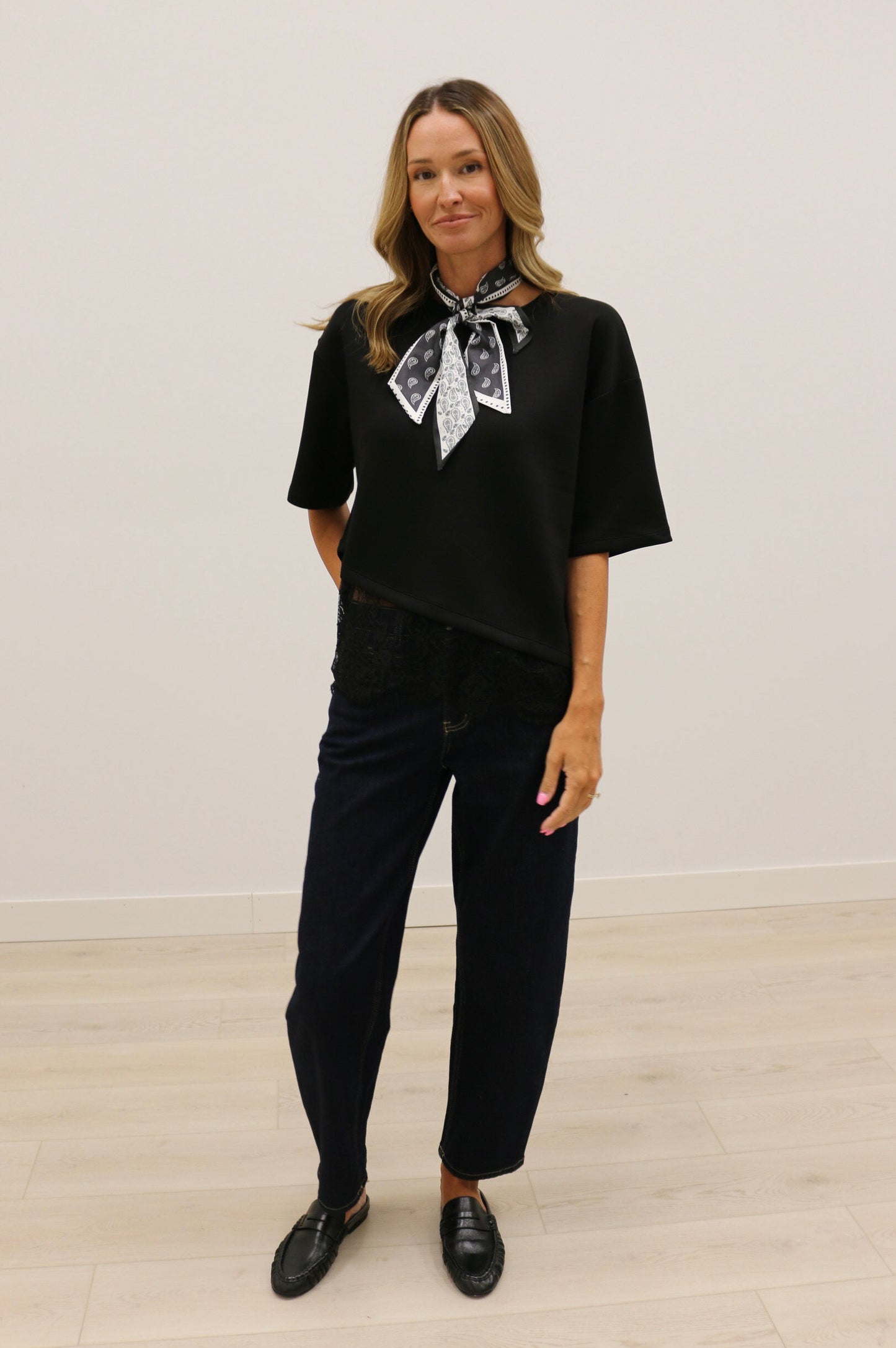 Paloma Oversized Short Sleeve Tee Asymmetrical Lace Trim - Black