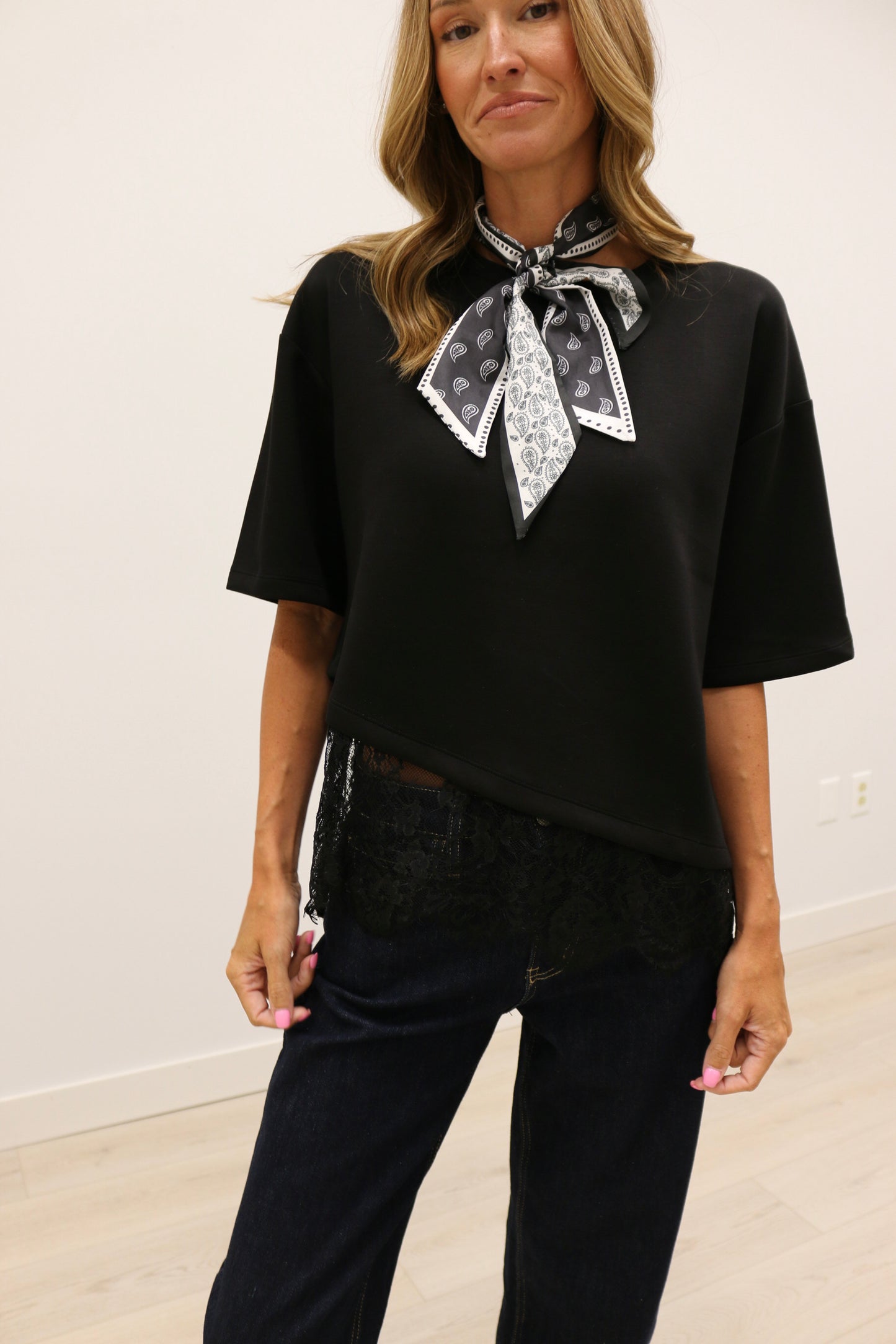 Paloma Oversized Short Sleeve Tee Asymmetrical Lace Trim - Black