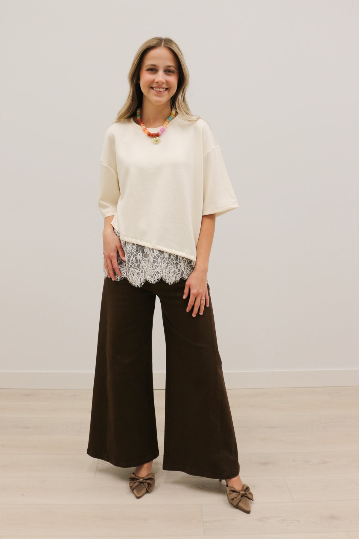 Paloma Oversized Short Sleeve Tee Asymmetrical Lace Trim - Ecru