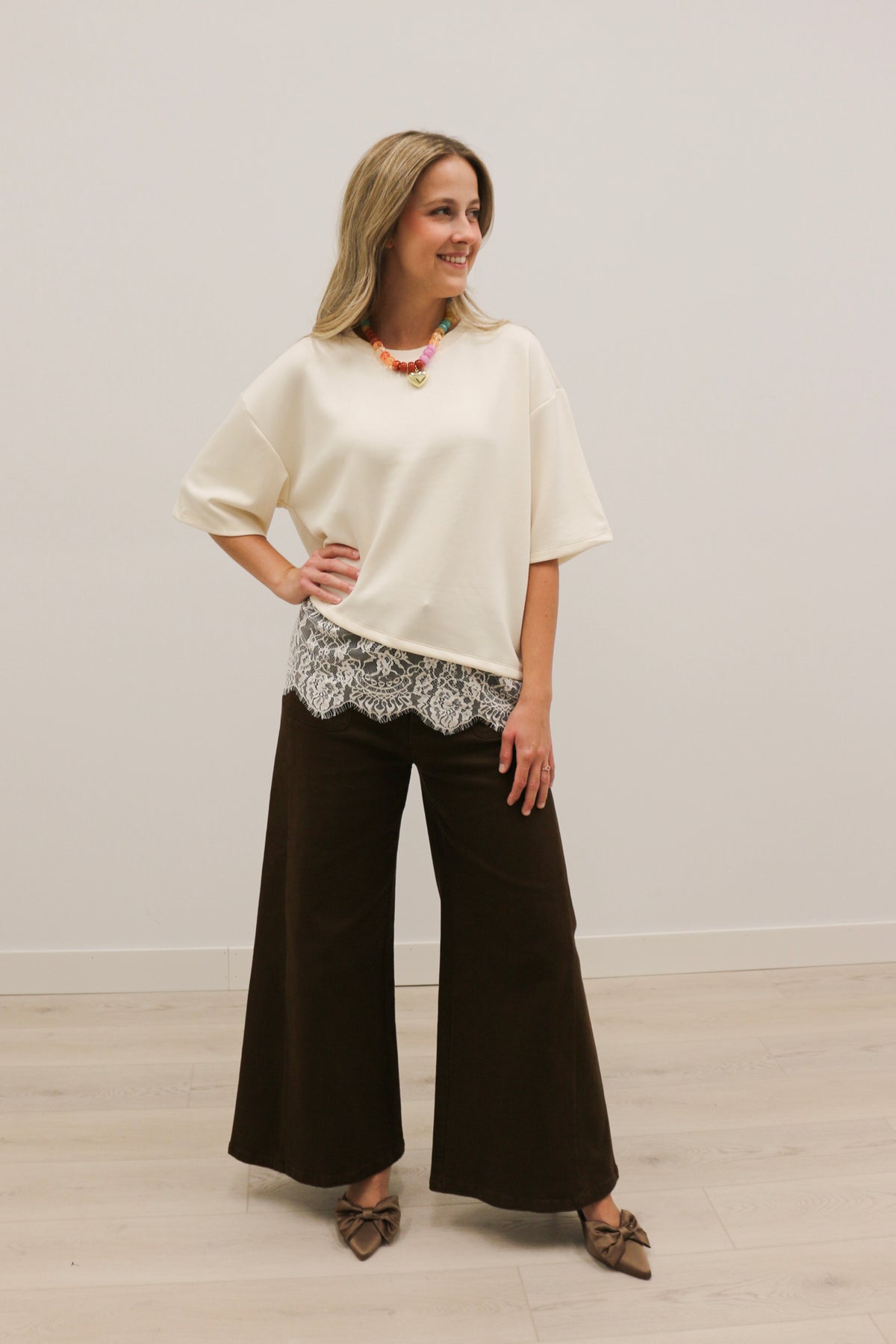Paloma Oversized Short Sleeve Tee Asymmetrical Lace Trim - Ecru