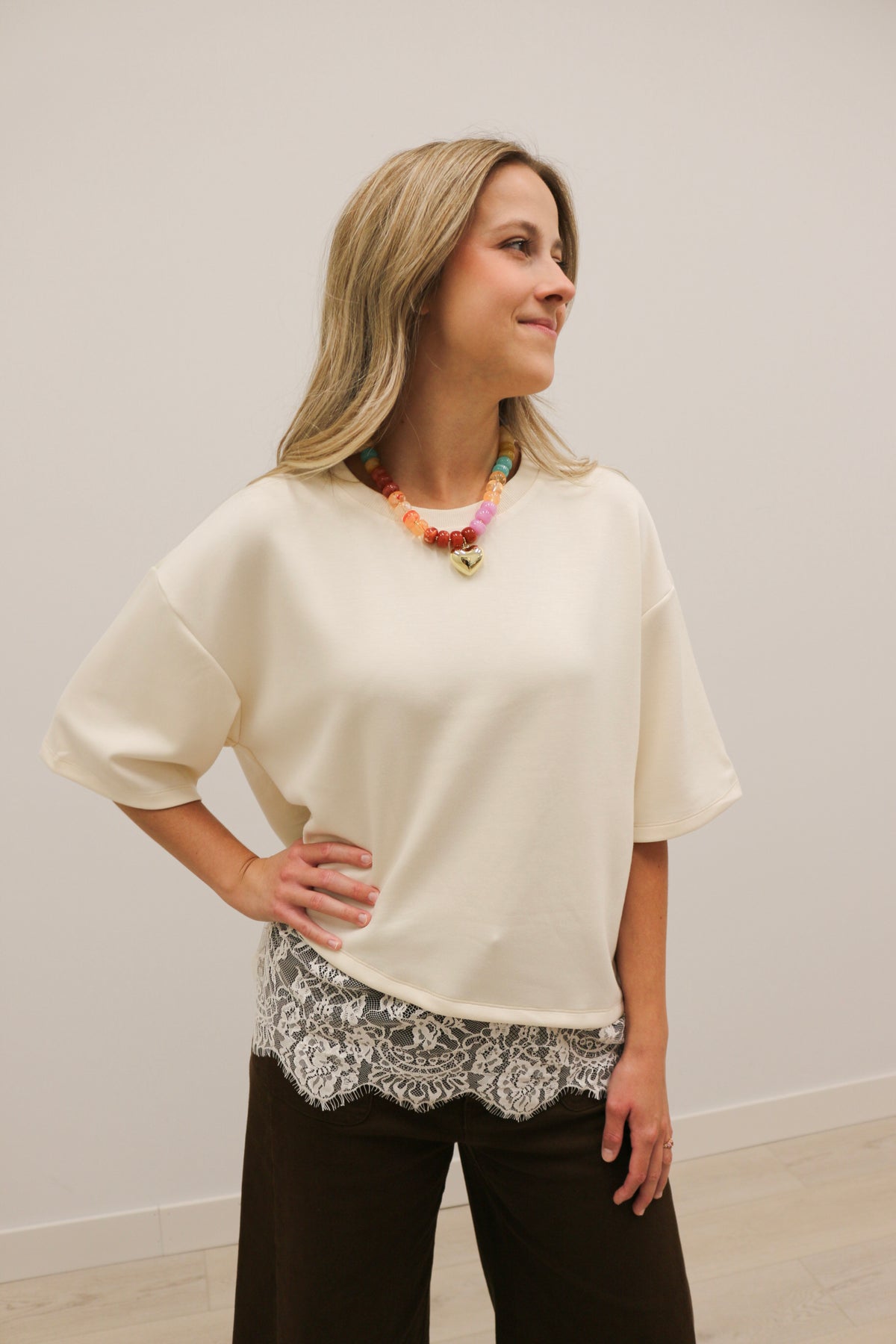 Paloma Oversized Short Sleeve Tee Asymmetrical Lace Trim - Ecru