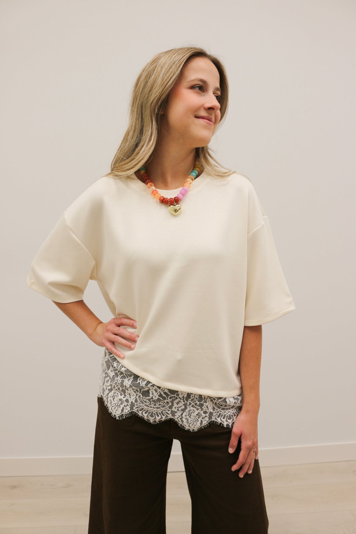 Paloma Oversized Short Sleeve Tee Asymmetrical Lace Trim - Ecru