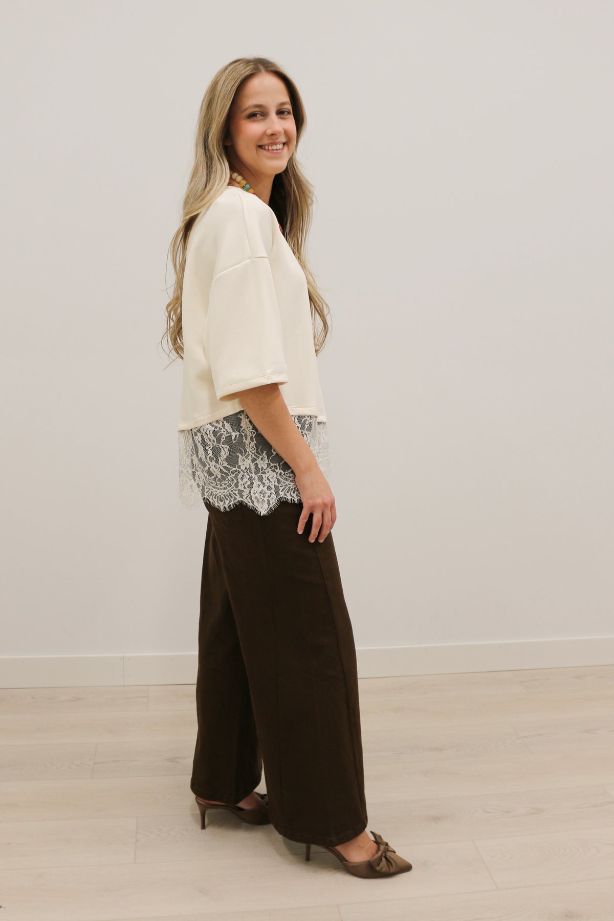 Paloma Oversized Short Sleeve Tee Asymmetrical Lace Trim - Ecru
