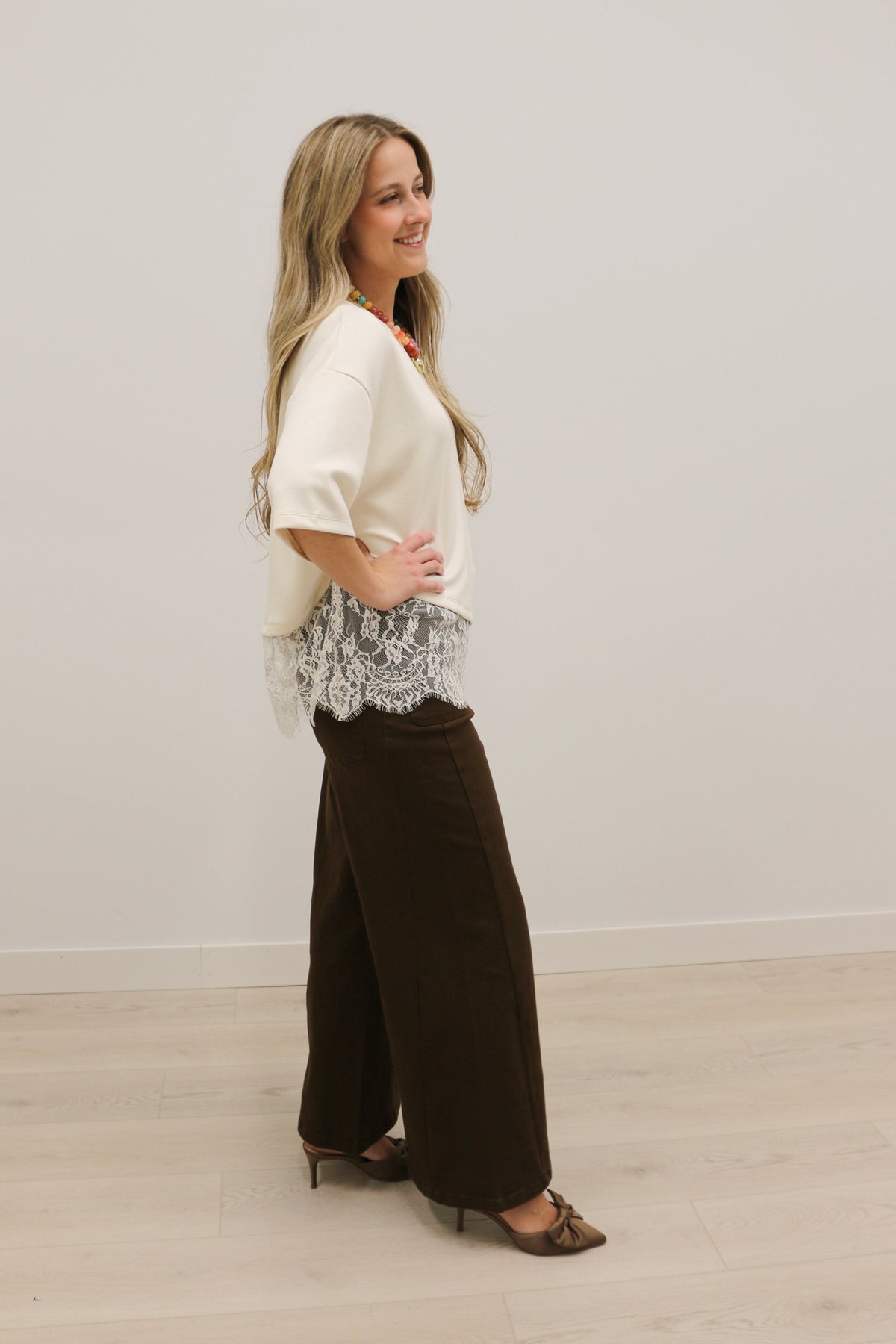 Paloma Oversized Short Sleeve Tee Asymmetrical Lace Trim - Ecru