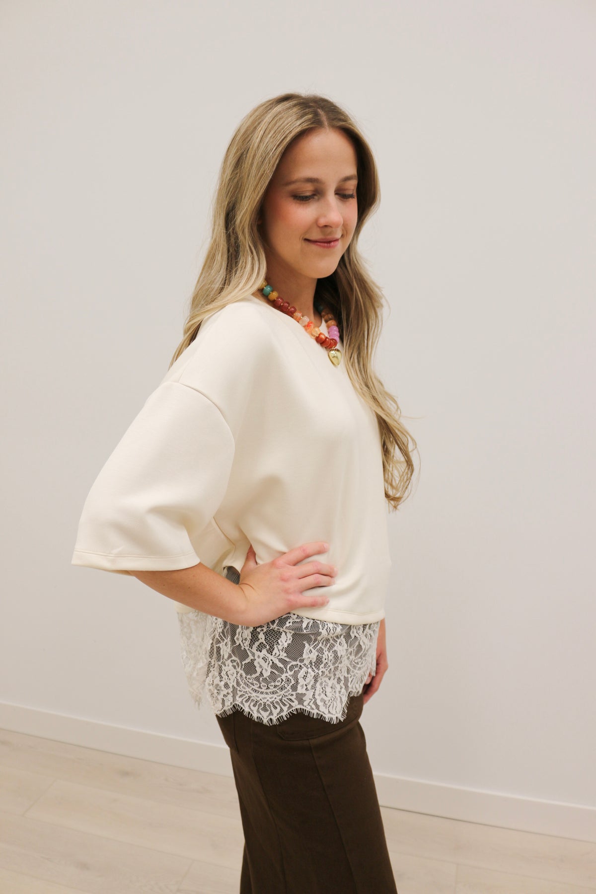 Paloma Oversized Short Sleeve Tee Asymmetrical Lace Trim - Ecru