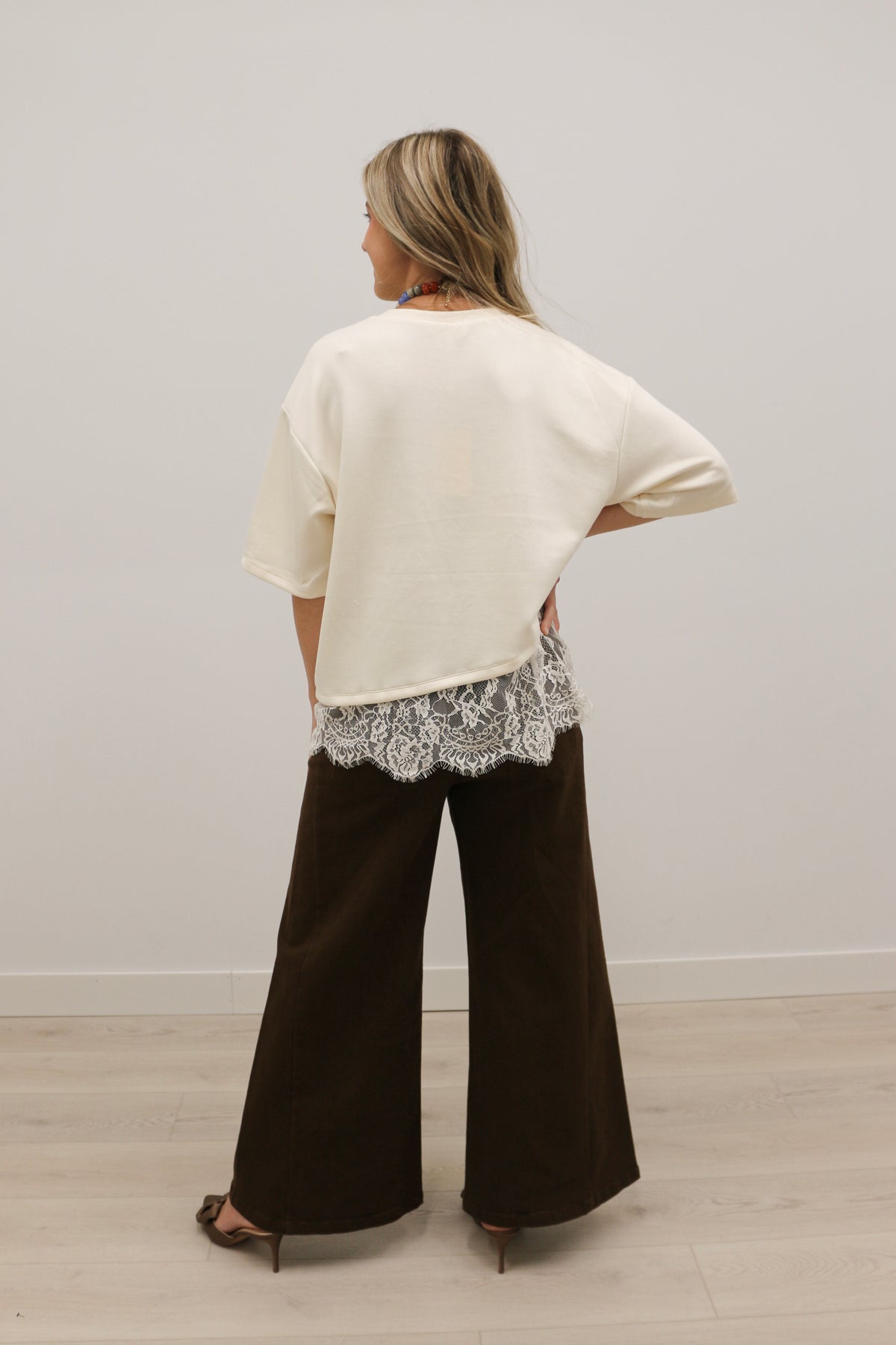 Paloma Oversized Short Sleeve Tee Asymmetrical Lace Trim - Ecru