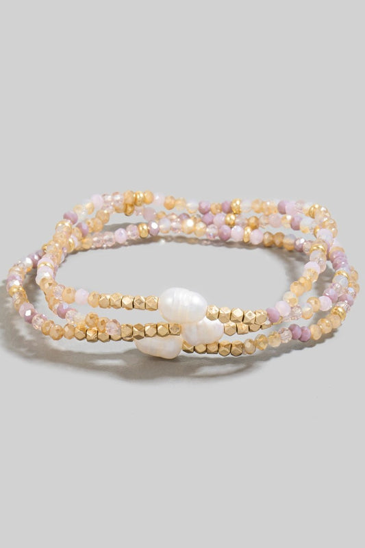 Pearl and Faceted Beaded Layered Bracelet Set - Pink Multi