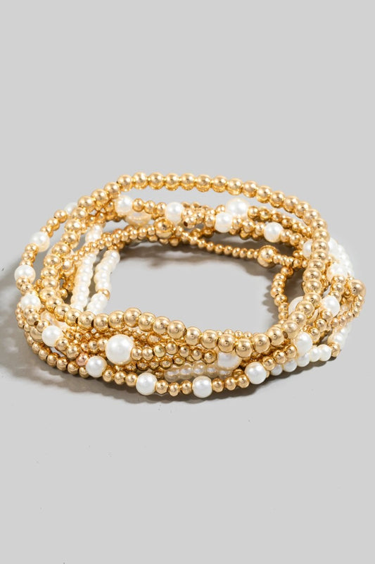 Pearl Metallic Beaded Layered Bracelet Set - Pearl Gold