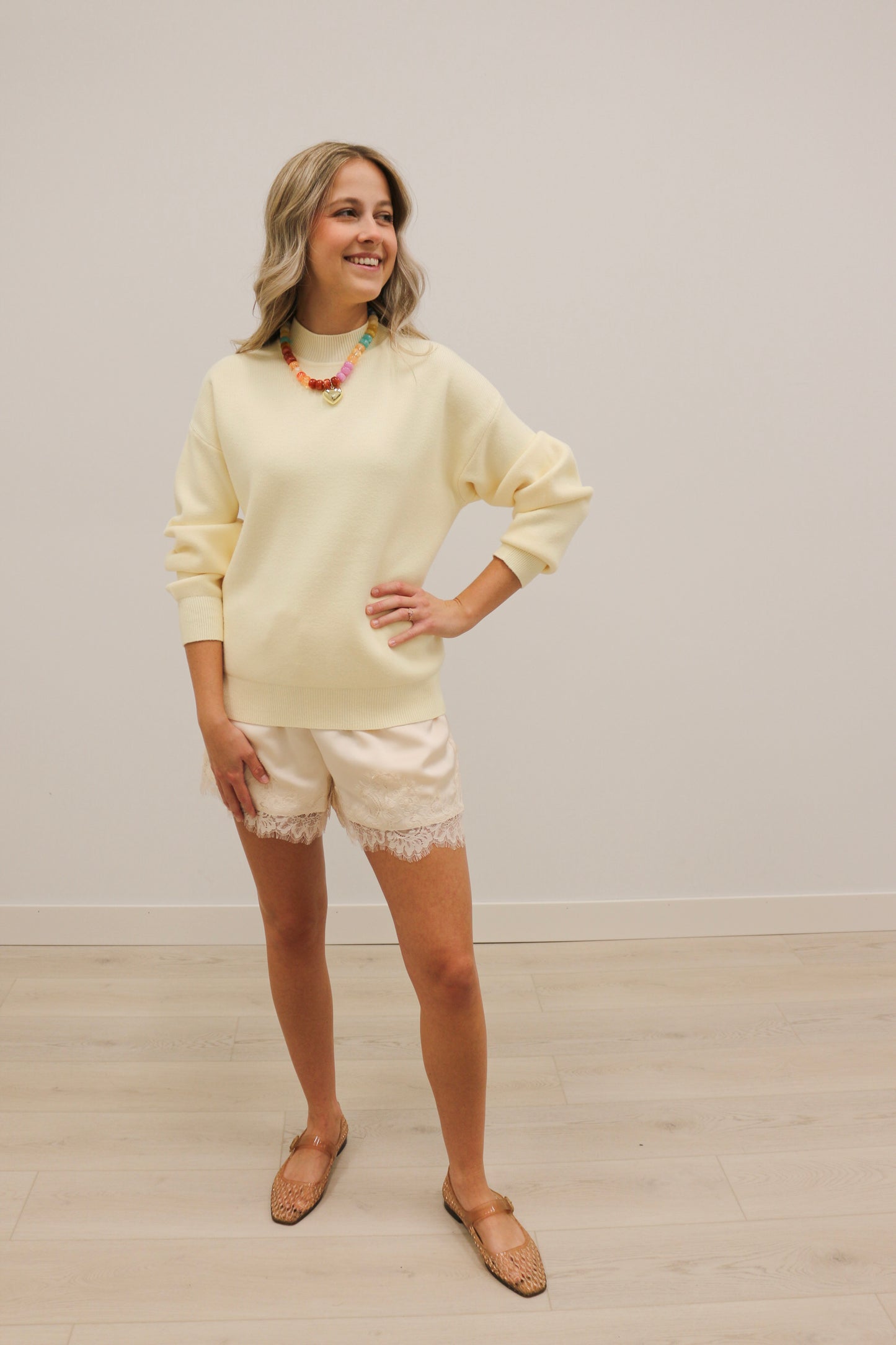 Pennie Mock Neck Long Sleeve Solid Sweater - Light Yellow