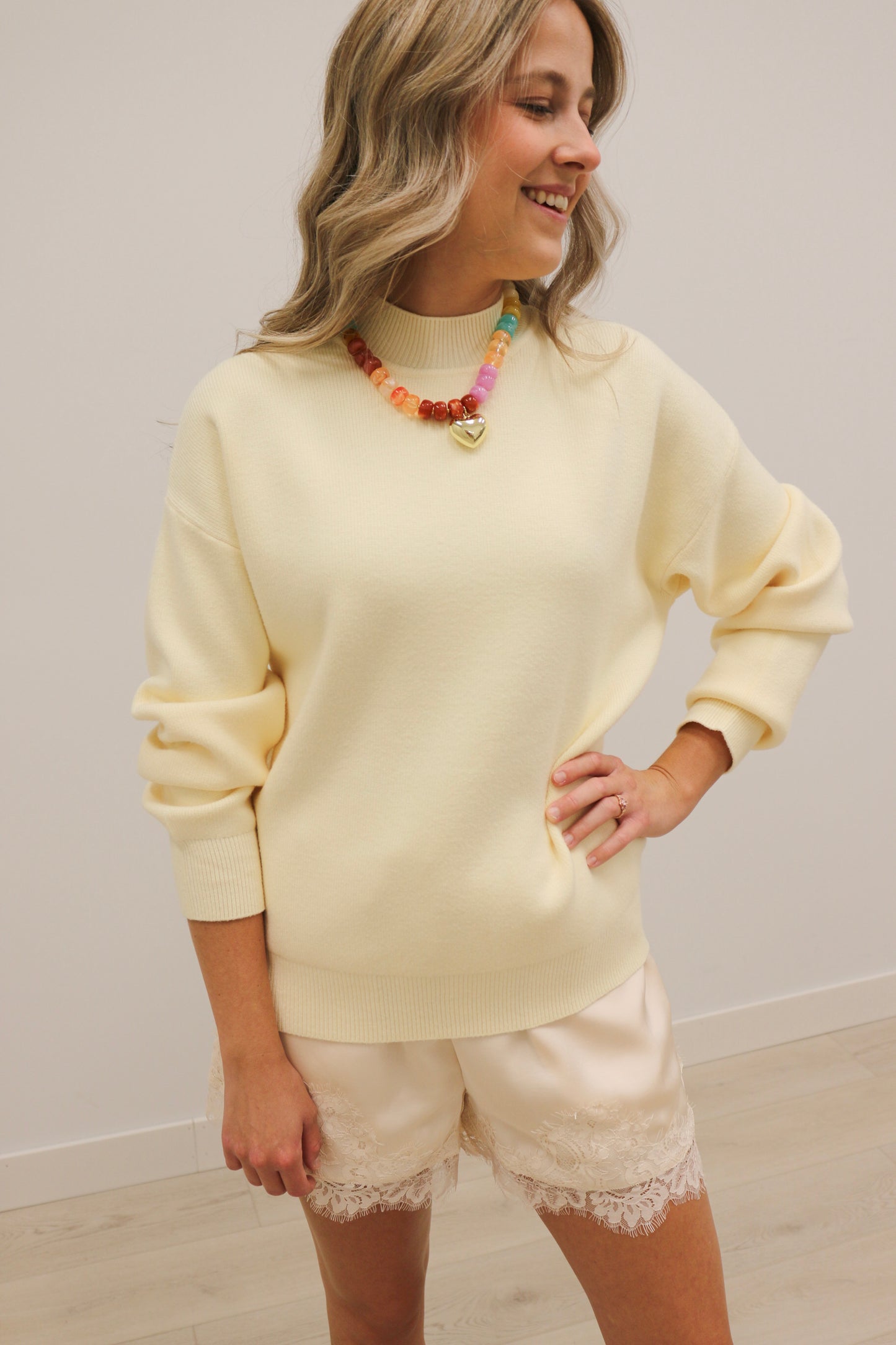 Pennie Mock Neck Long Sleeve Solid Sweater - Light Yellow