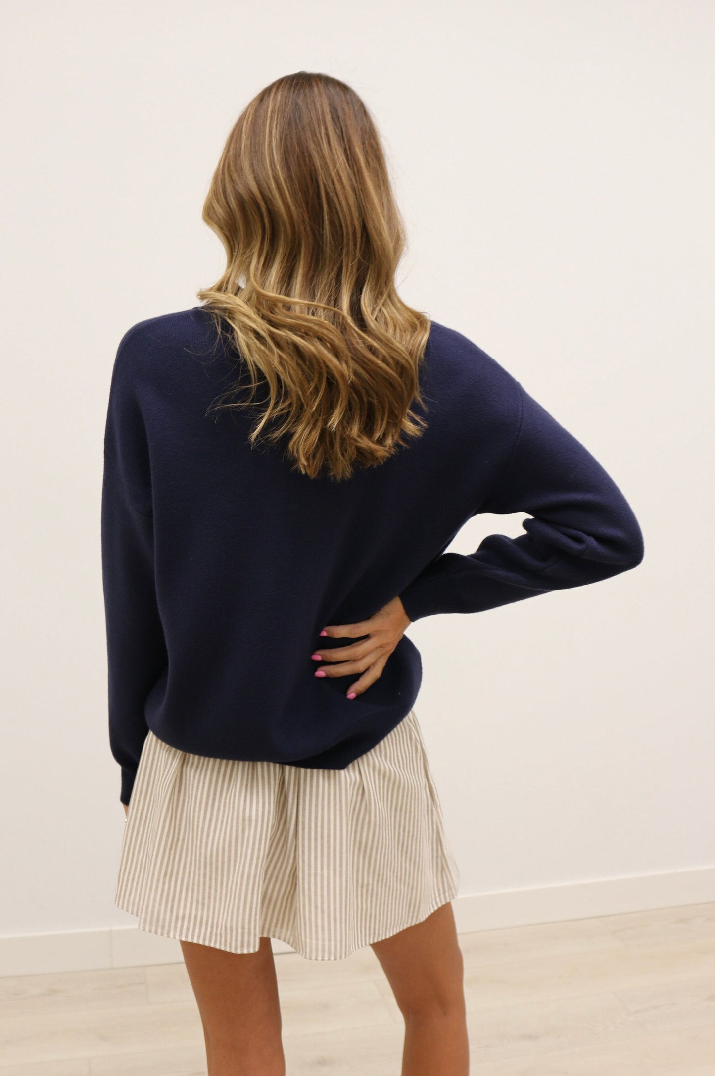 Pennie Mock Neck Long Sleeve Solid Sweater - Navy Blue