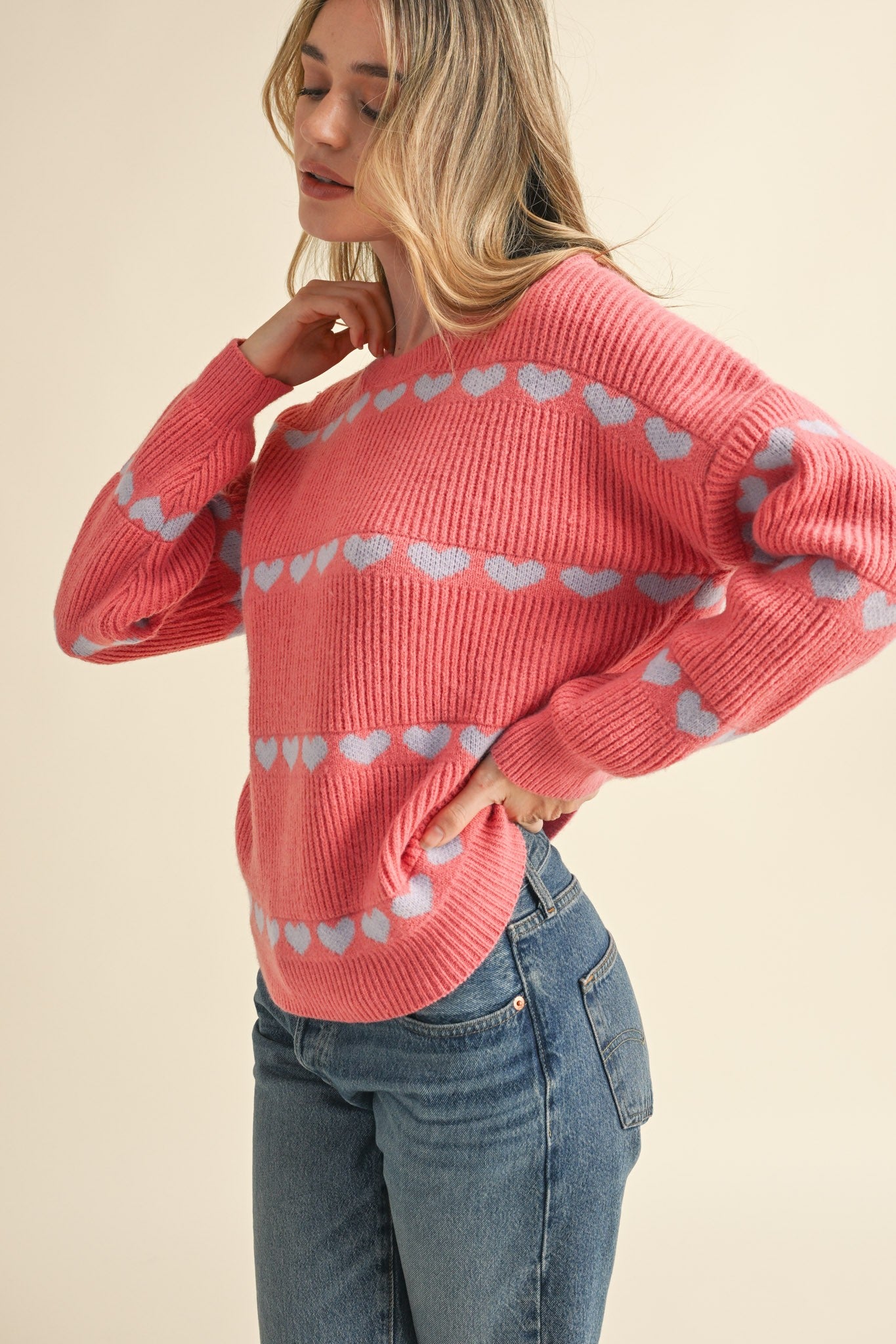 Petite Heart Valentine Long Sleeve Ribbed Detail Sweater - French Pink