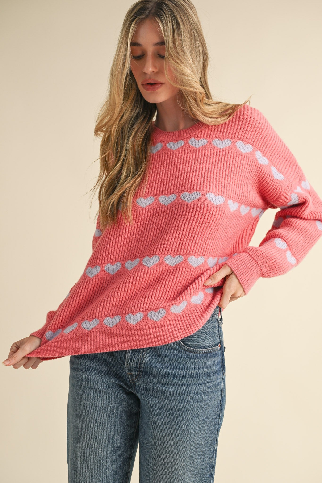 Petite Heart Valentine Long Sleeve Ribbed Detail Sweater - French Pink