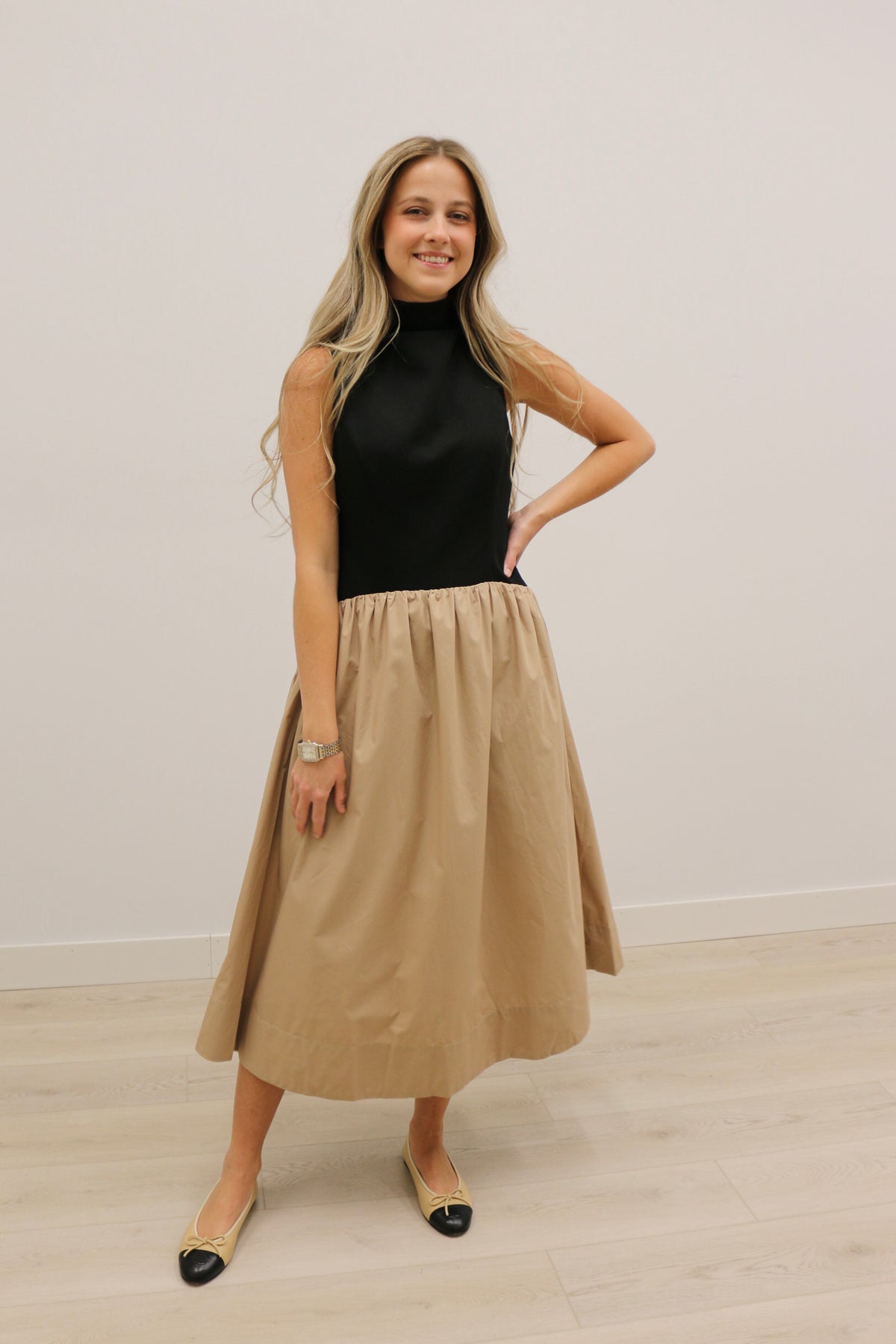 Phoebe Mixed Media Modern Cut Midi Dress - Black Multi