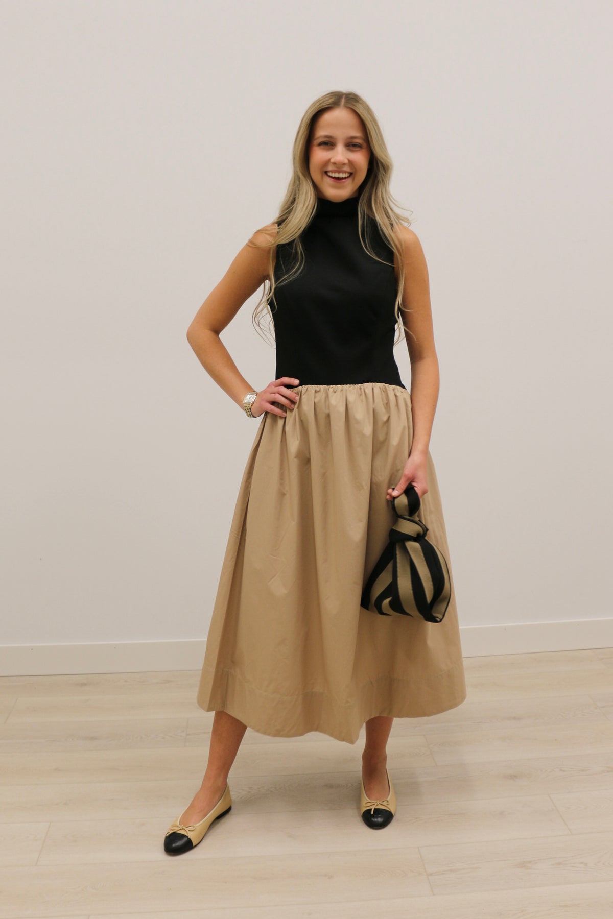 Phoebe Mixed Media Modern Cut Midi Dress - Black Multi