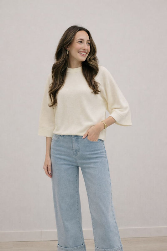 Pia 3/4 Sleeve Solid Sweater Pullover - Cream
