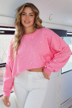 Load image into Gallery viewer, Pearl Studded Cropped Sweatshirt Pullover - Pink

