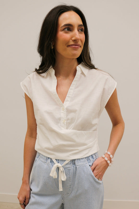 Pipa Sleeveless Collared Folded Waist Top - White