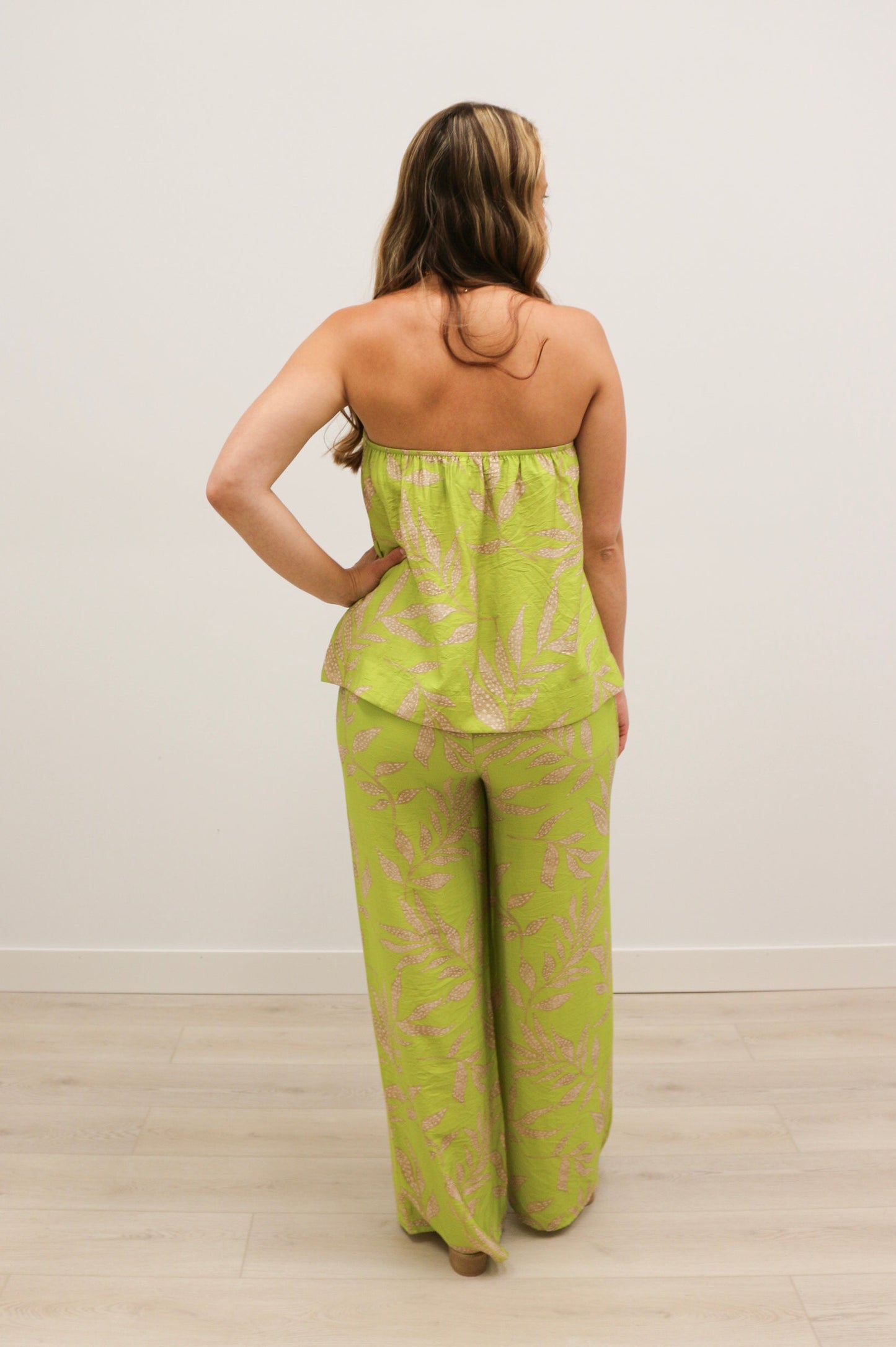 Prima High Waisted Wide Leg Botanical Print Pants - Chartreuse Multi