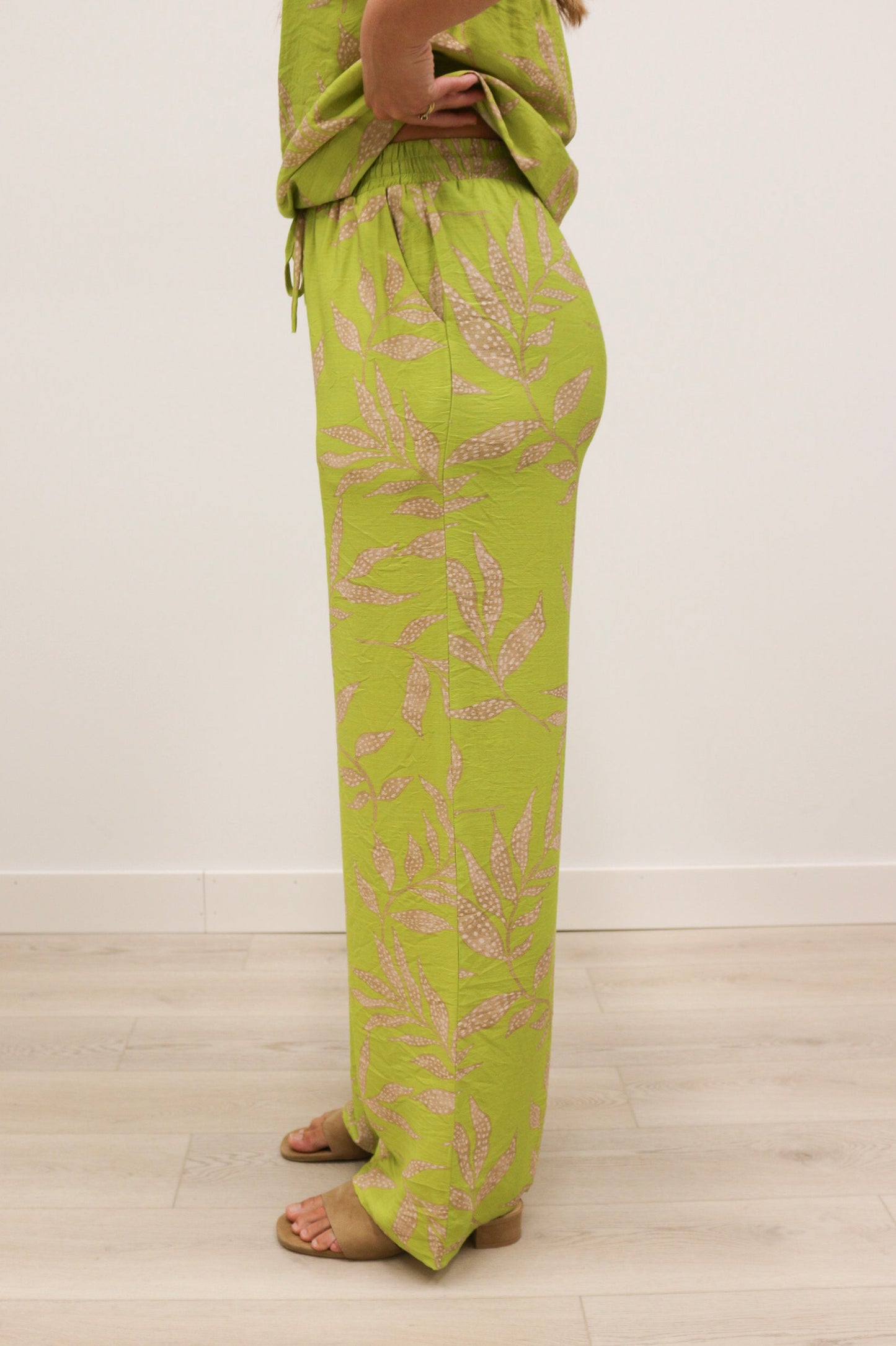 Prima High Waisted Wide Leg Botanical Print Pants - Chartreuse Multi