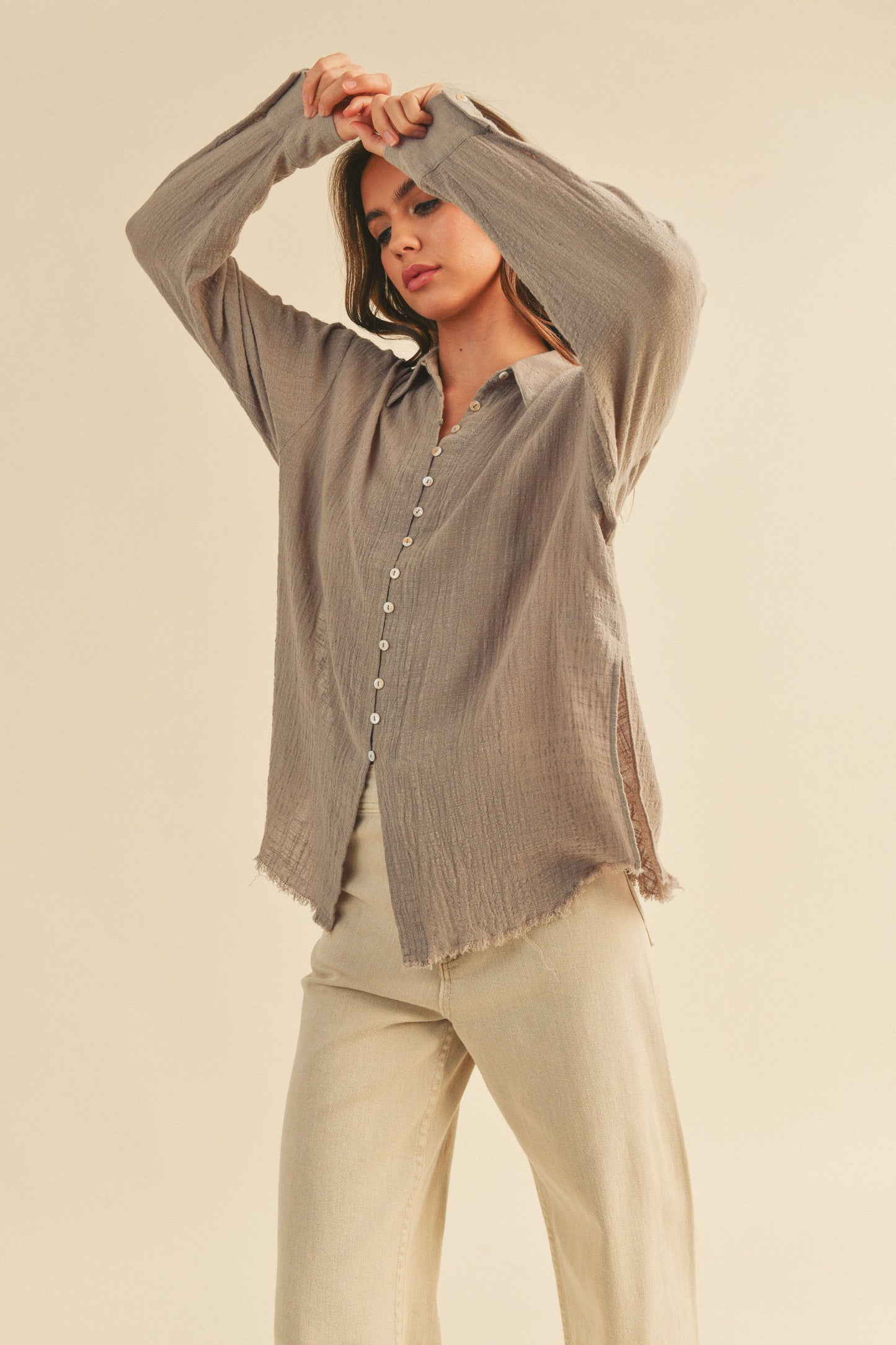 zSALE Pursuit Relaxed Collared Gauze Long Sleeve Button Up Shirt - Taupe Grey
