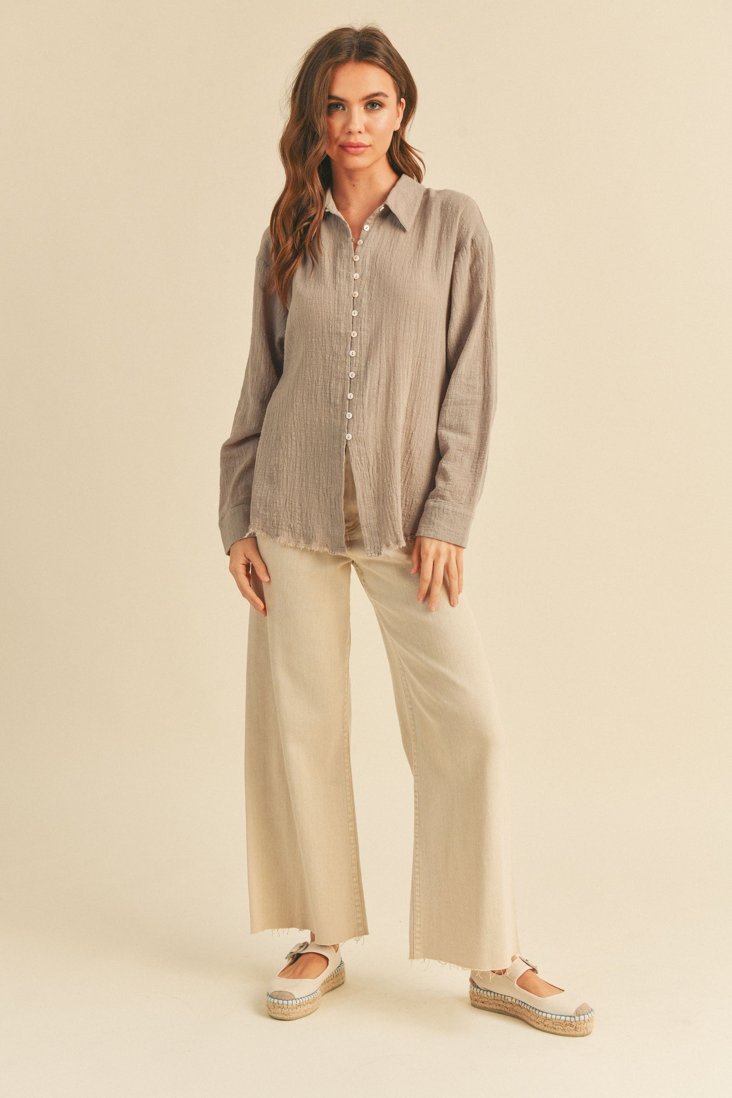 zSALE Pursuit Relaxed Collared Gauze Long Sleeve Button Up Shirt - Taupe Grey