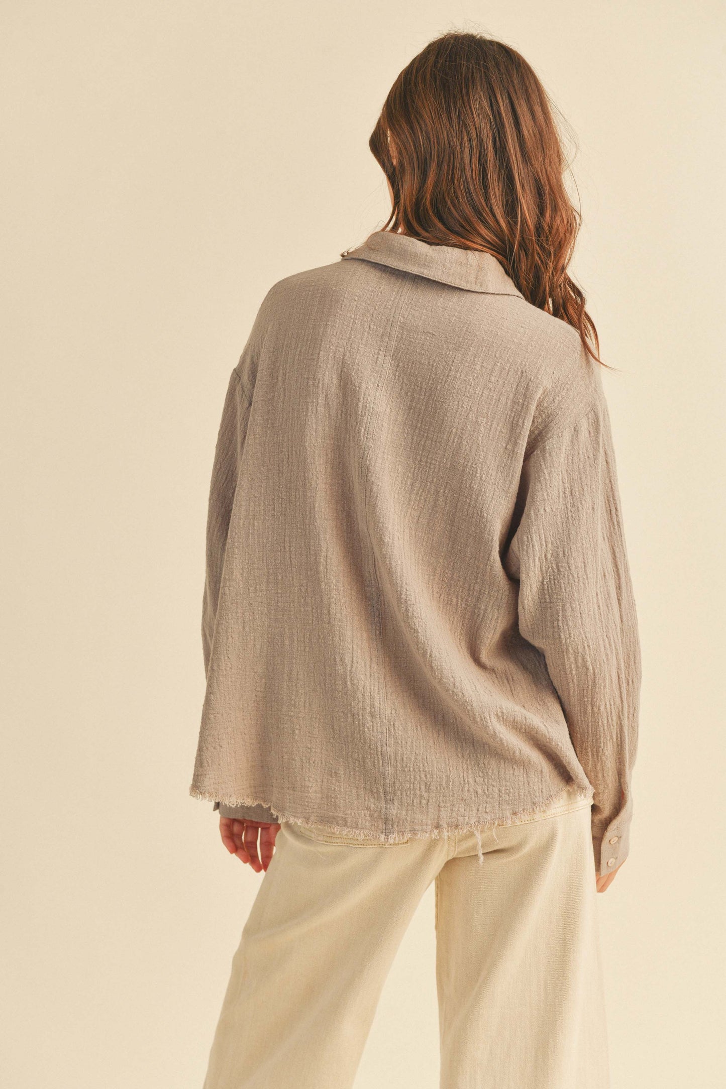 zSALE Pursuit Relaxed Collared Gauze Long Sleeve Button Up Shirt - Taupe Grey