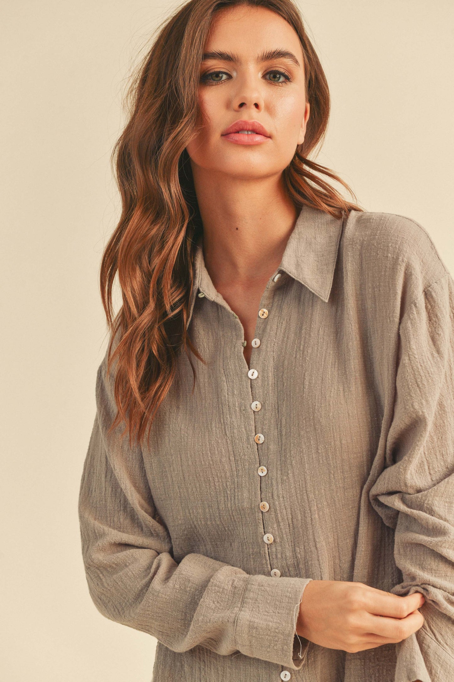 zSALE Pursuit Relaxed Collared Gauze Long Sleeve Button Up Shirt - Taupe Grey