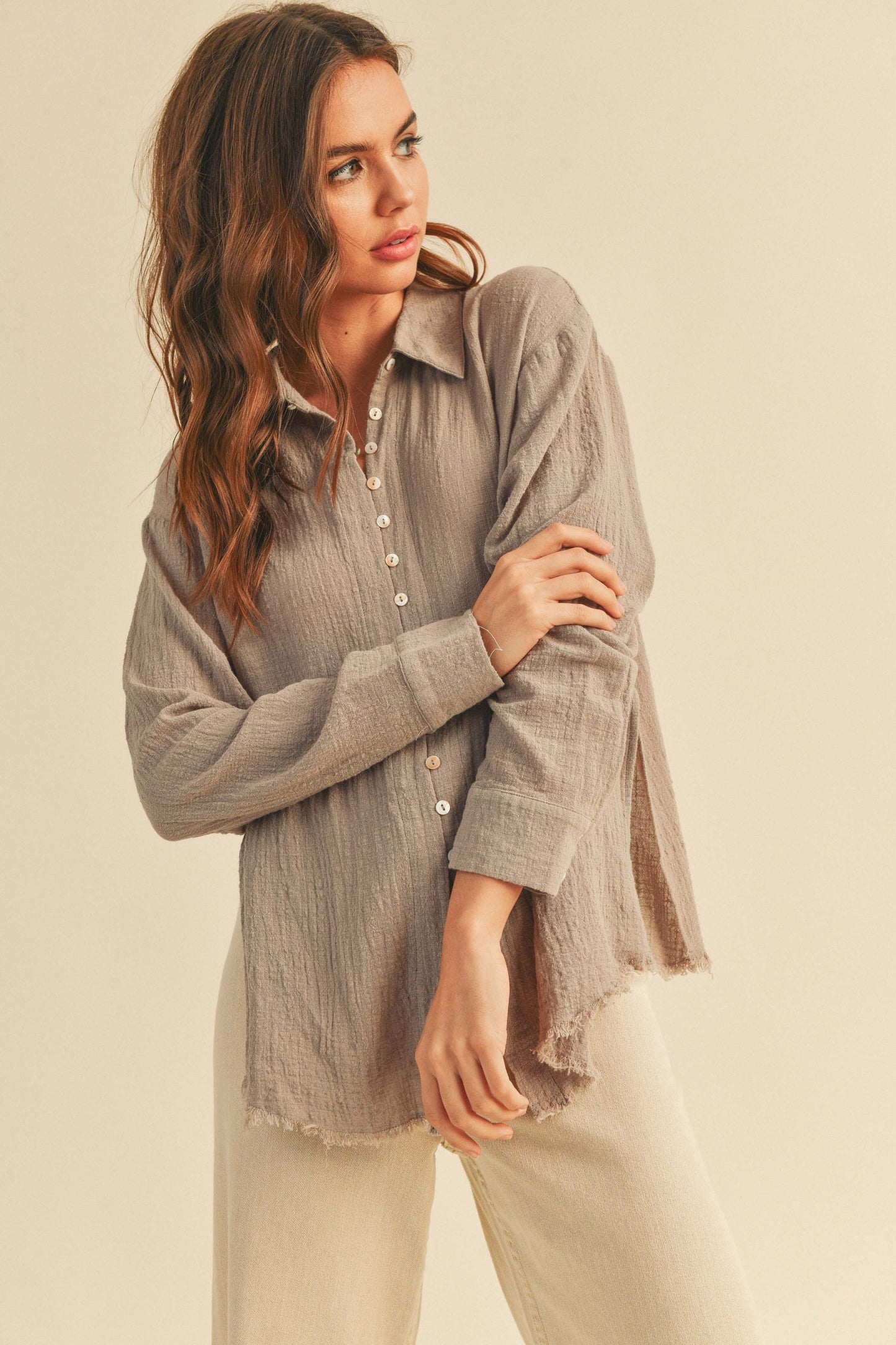 zSALE Pursuit Relaxed Collared Gauze Long Sleeve Button Up Shirt - Taupe Grey