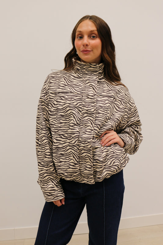 Quinn Faux Suede Zebra Print Funnel Neck Bomber Jacket - Ecru Black Multi