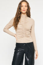 Load image into Gallery viewer, Rachel Ribbed Knit Mock Neck Shirred Front Long Sleeve Top - Oatmeal
