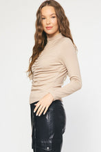 Load image into Gallery viewer, Rachel Ribbed Knit Mock Neck Shirred Front Long Sleeve Top - Oatmeal
