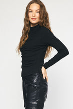 Load image into Gallery viewer, Rachel Ribbed Knit Mock Neck Shirred Front Long Sleeve Top - Black
