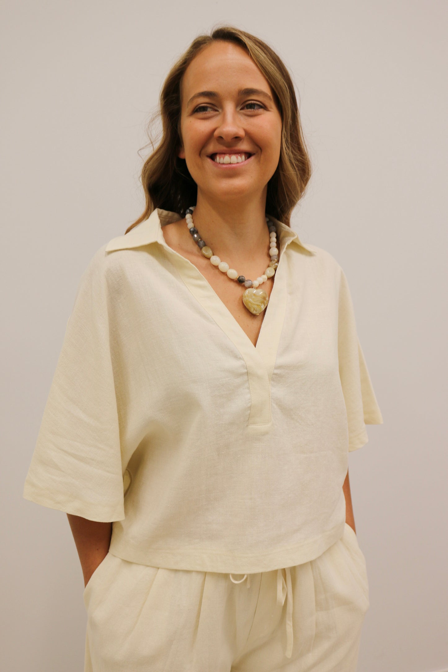 Raleigh Textured Drape Sleeve Collared Blouse - Light Linen