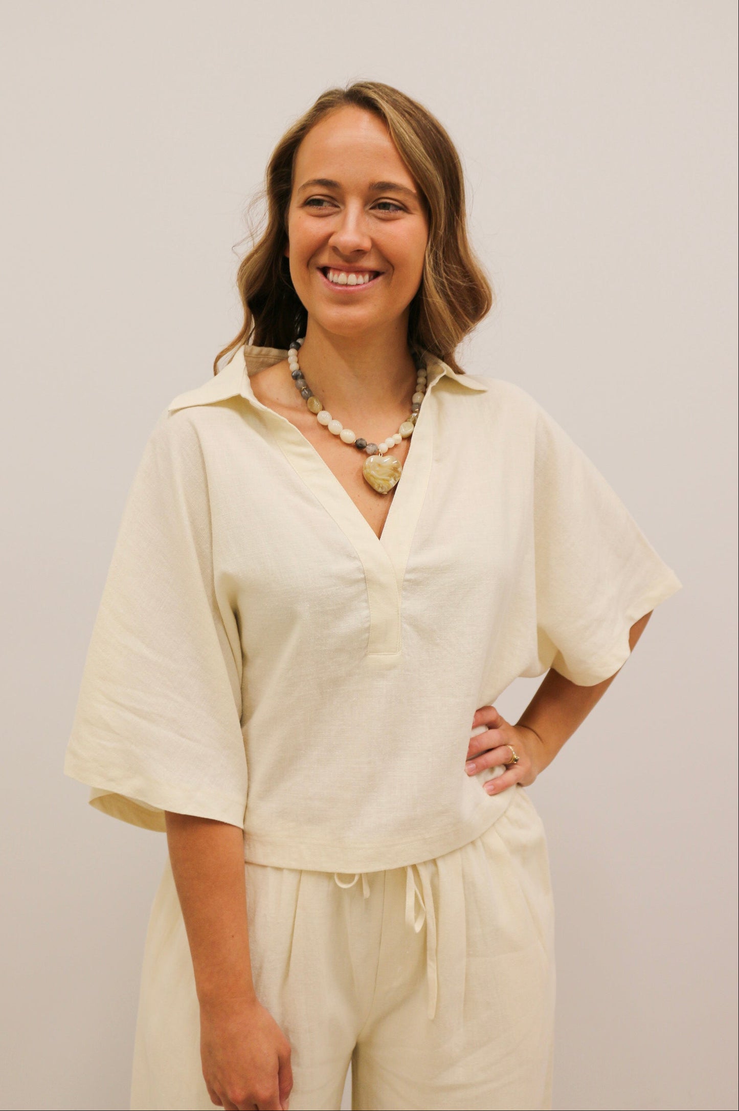 Raleigh Textured Drape Sleeve Collared Blouse - Light Linen