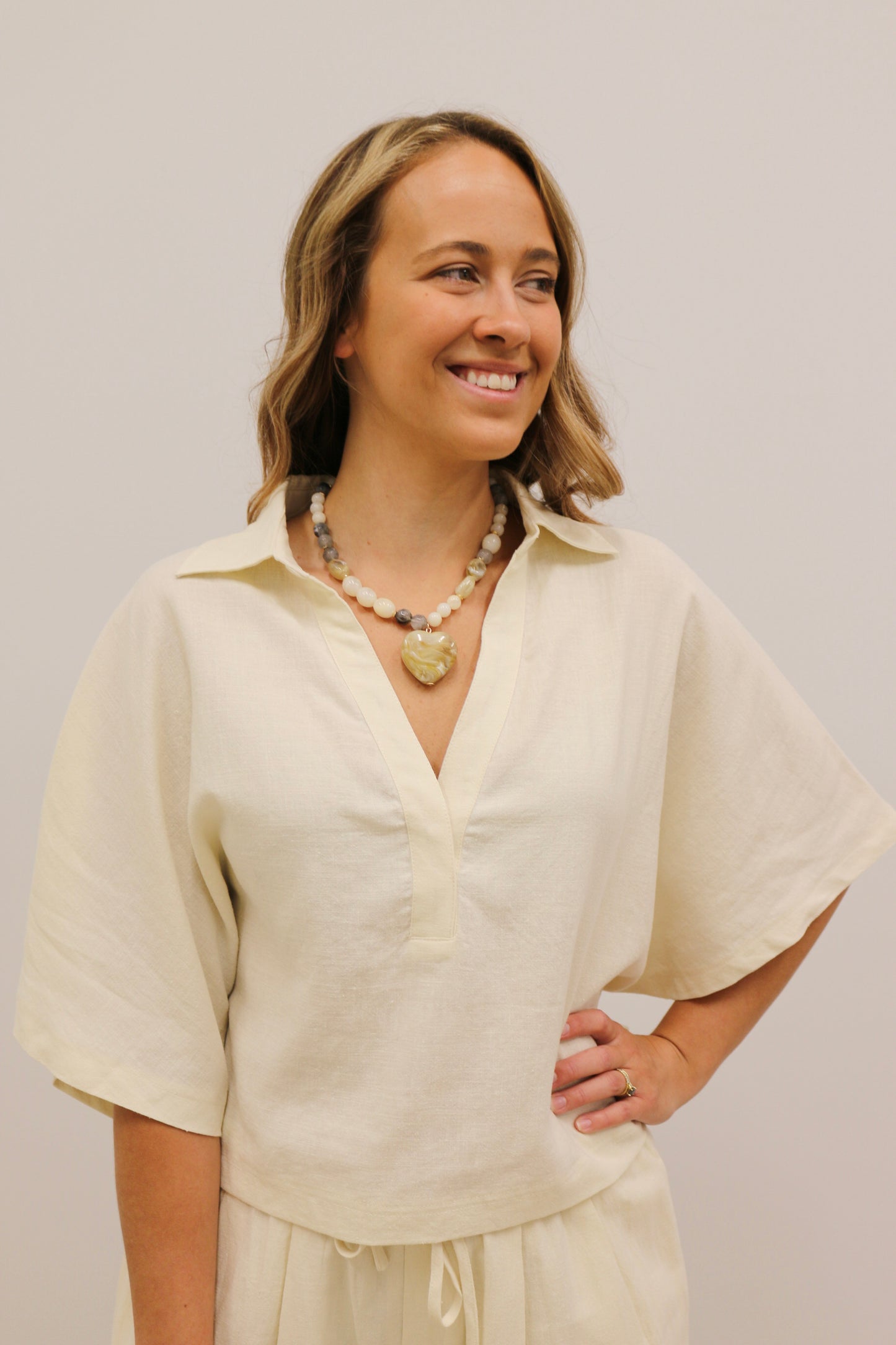 Raleigh Textured Drape Sleeve Collared Blouse - Light Linen