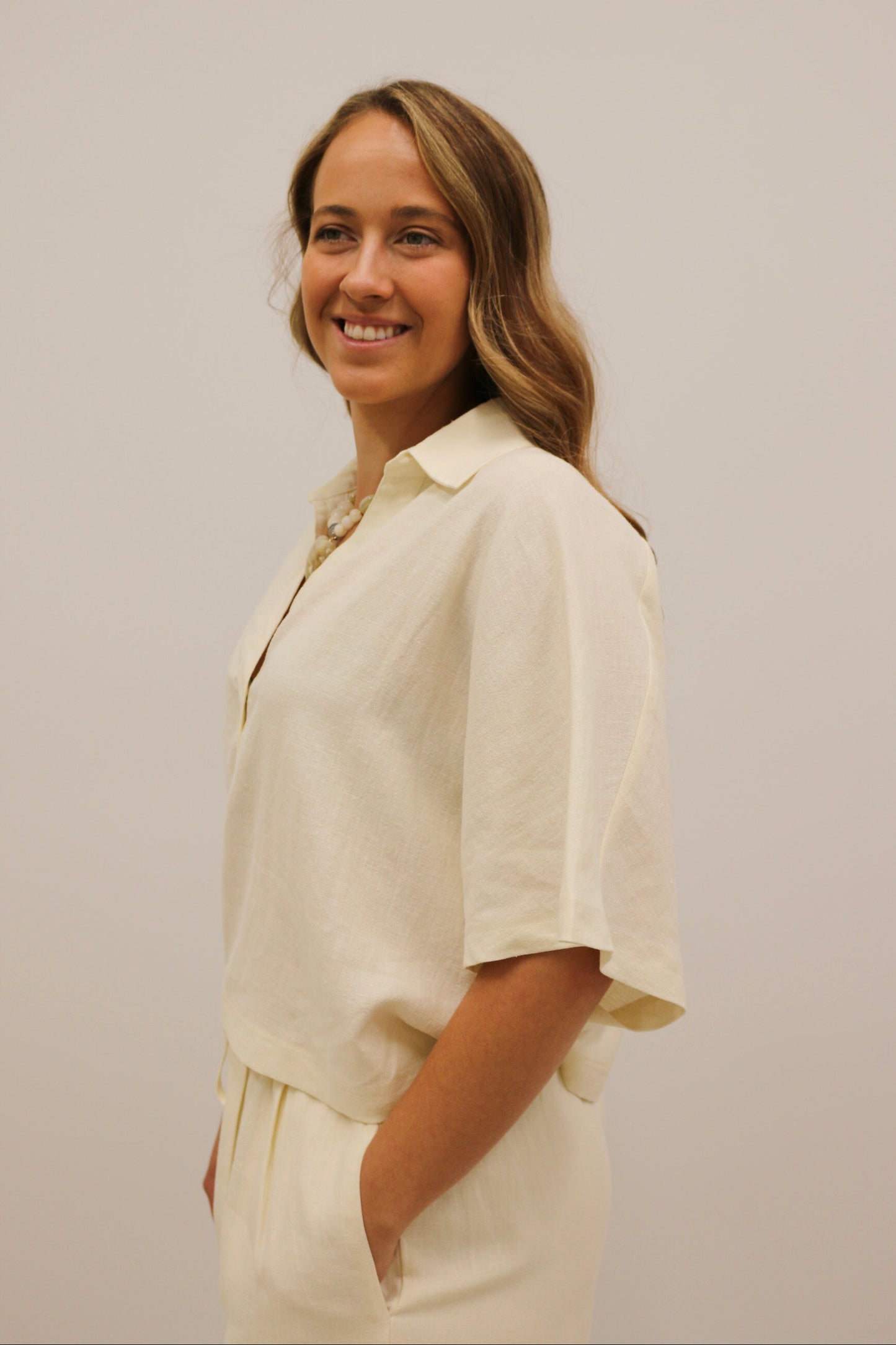 Raleigh Textured Drape Sleeve Collared Blouse - Light Linen