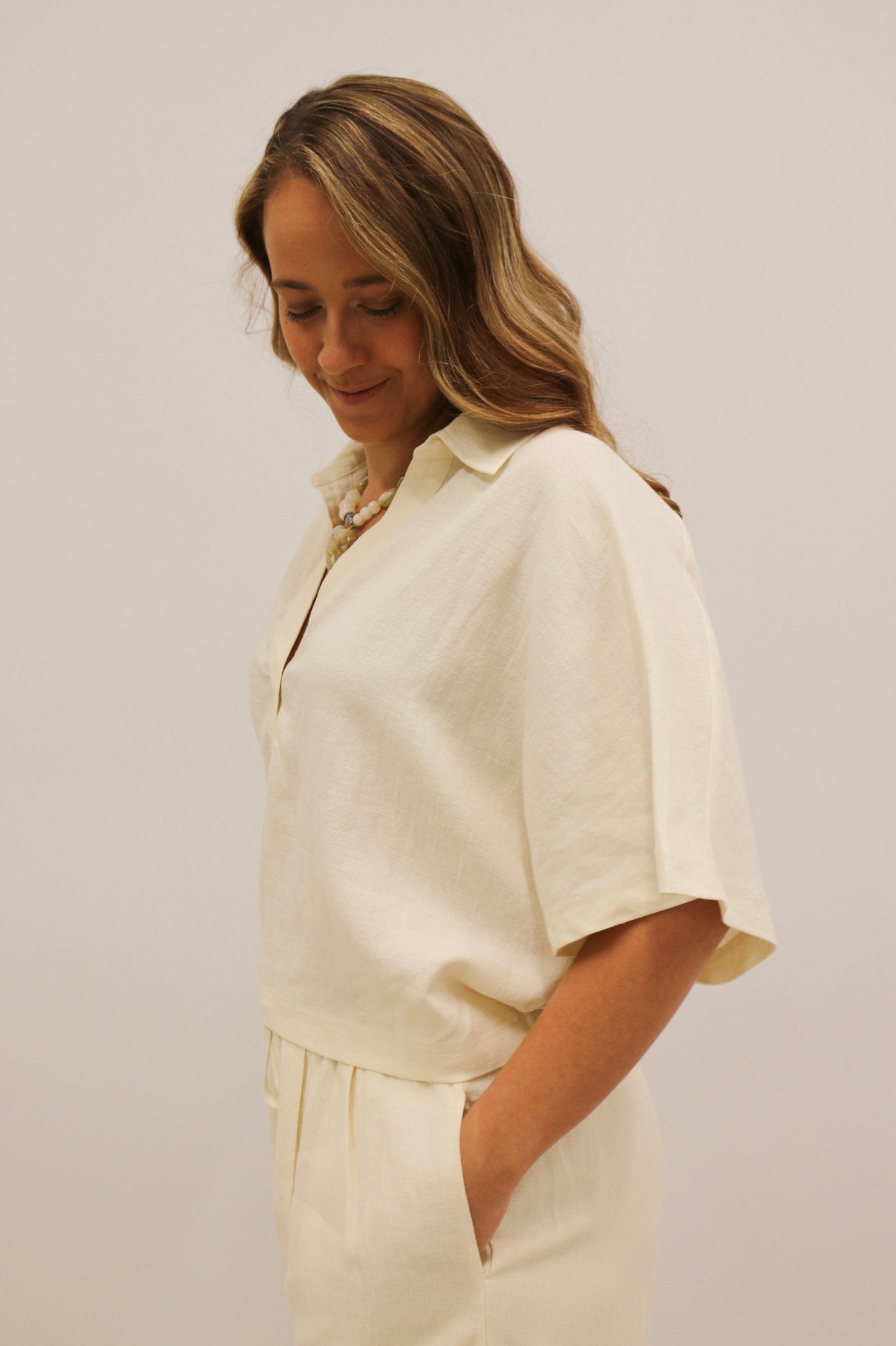 Raleigh Textured Drape Sleeve Collared Blouse - Light Linen