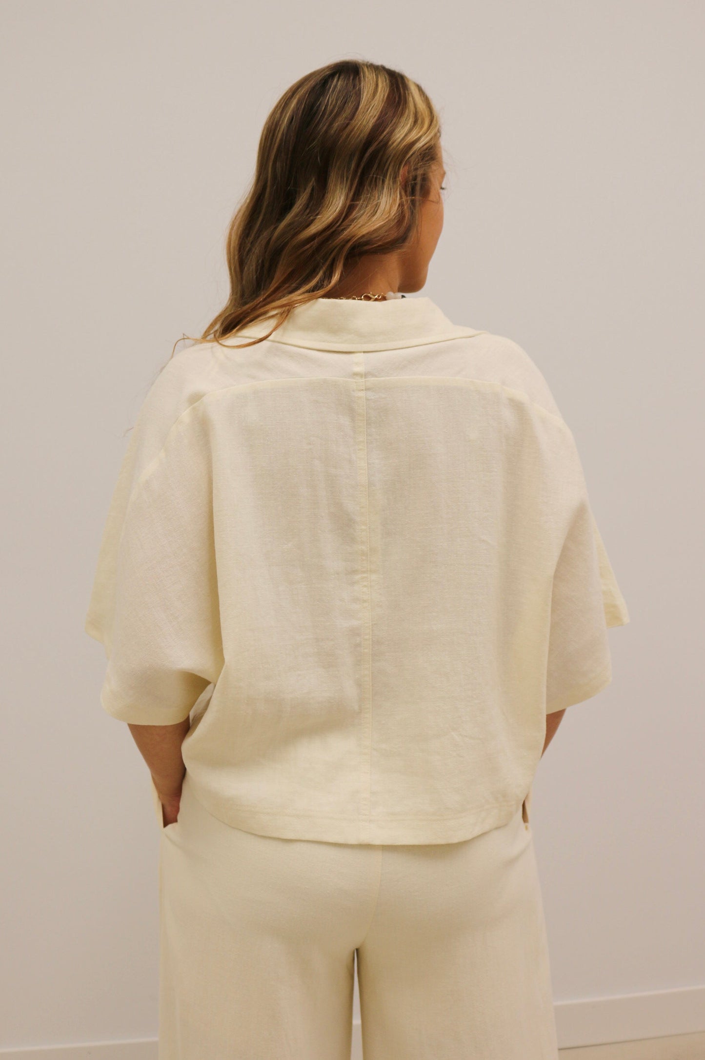 Raleigh Textured Drape Sleeve Collared Blouse - Light Linen