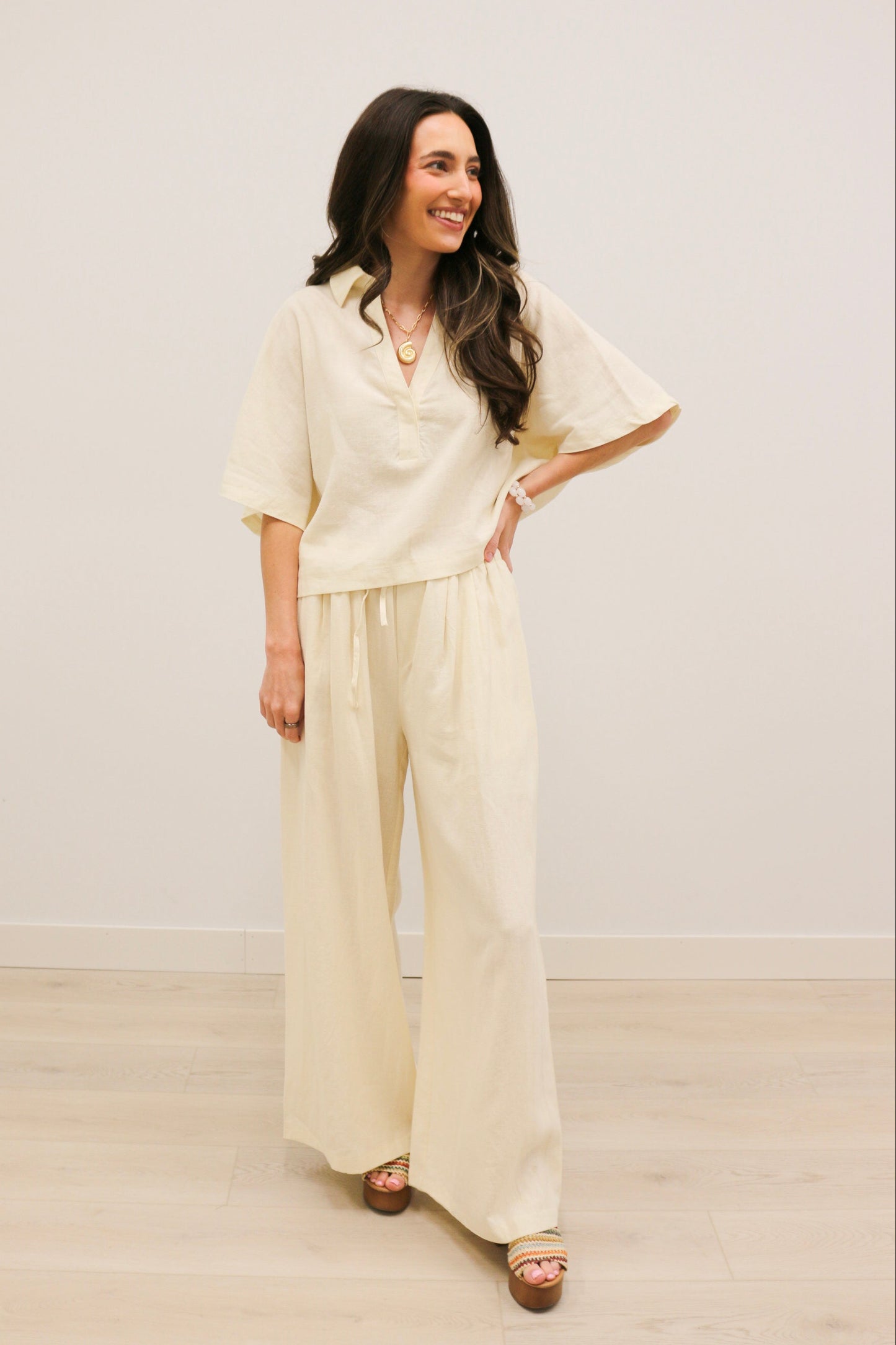 Raleigh Textured Drape Sleeve Collared Blouse - Light Linen
