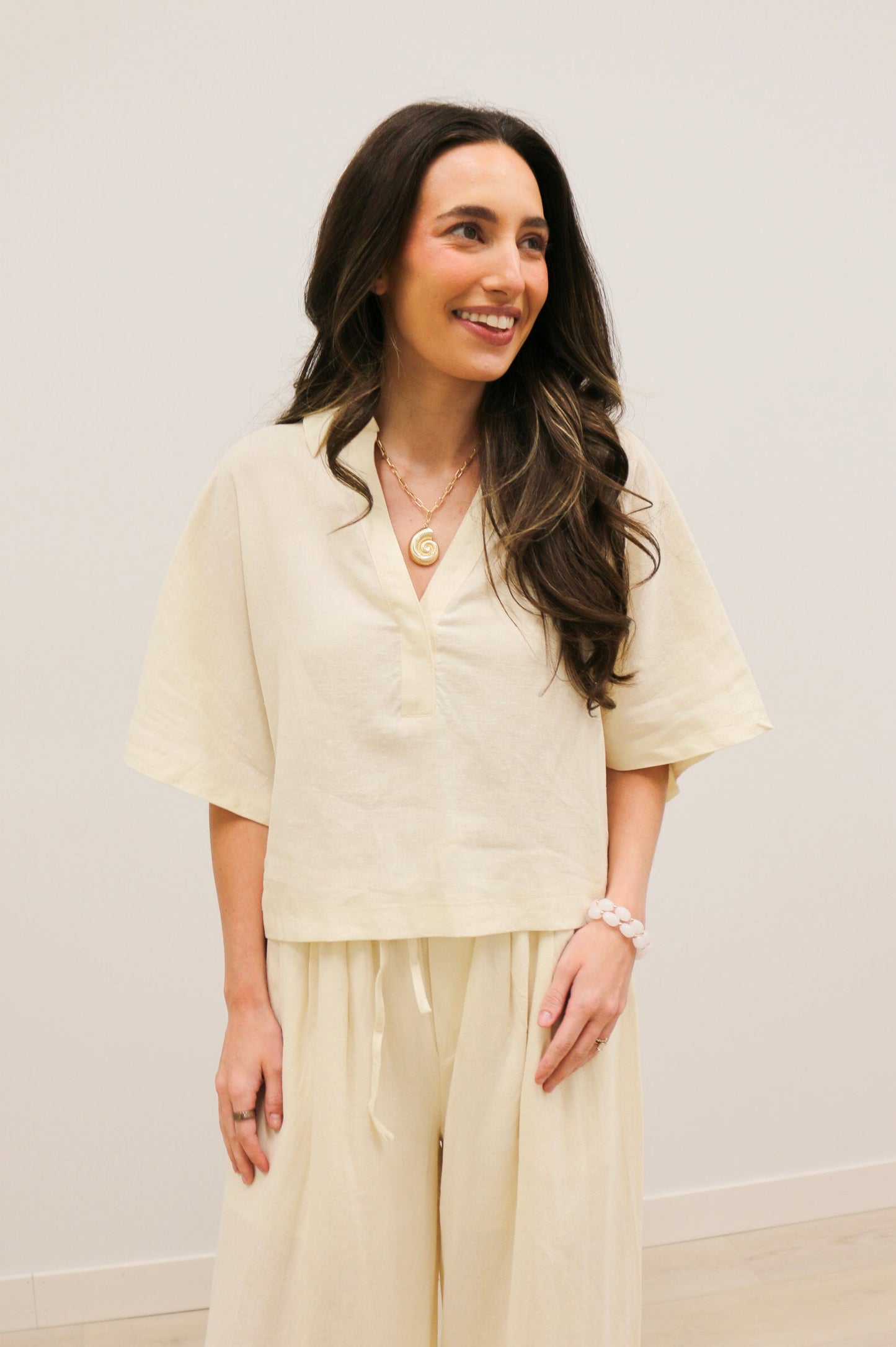 Raleigh Textured Drape Sleeve Collared Blouse - Light Linen