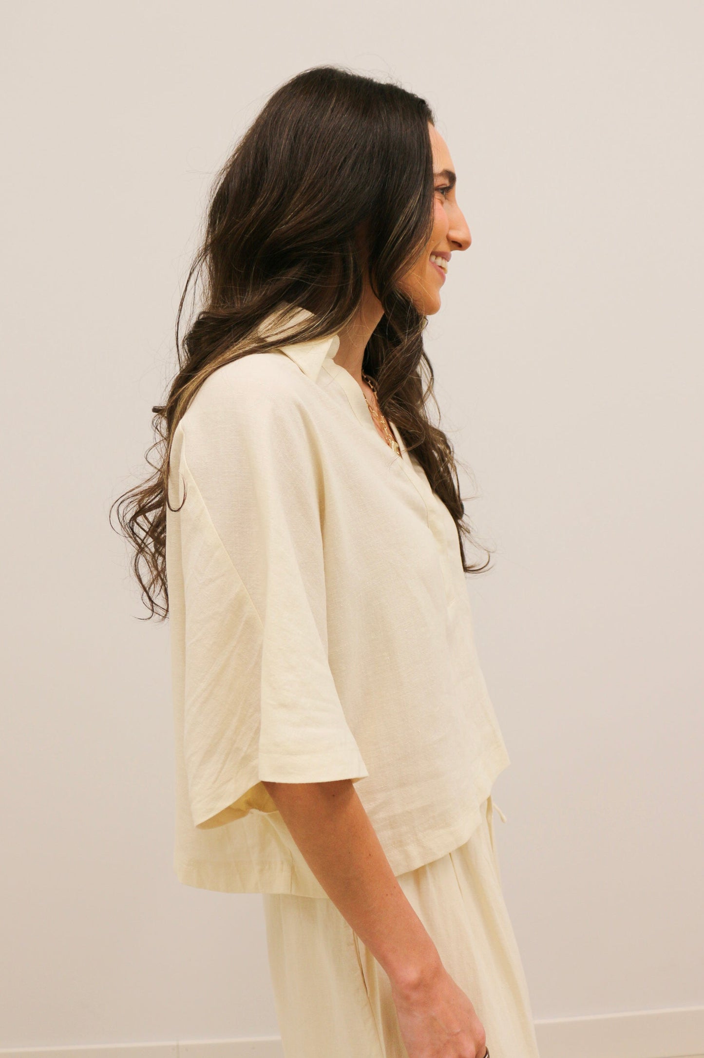 Raleigh Textured Drape Sleeve Collared Blouse - Light Linen