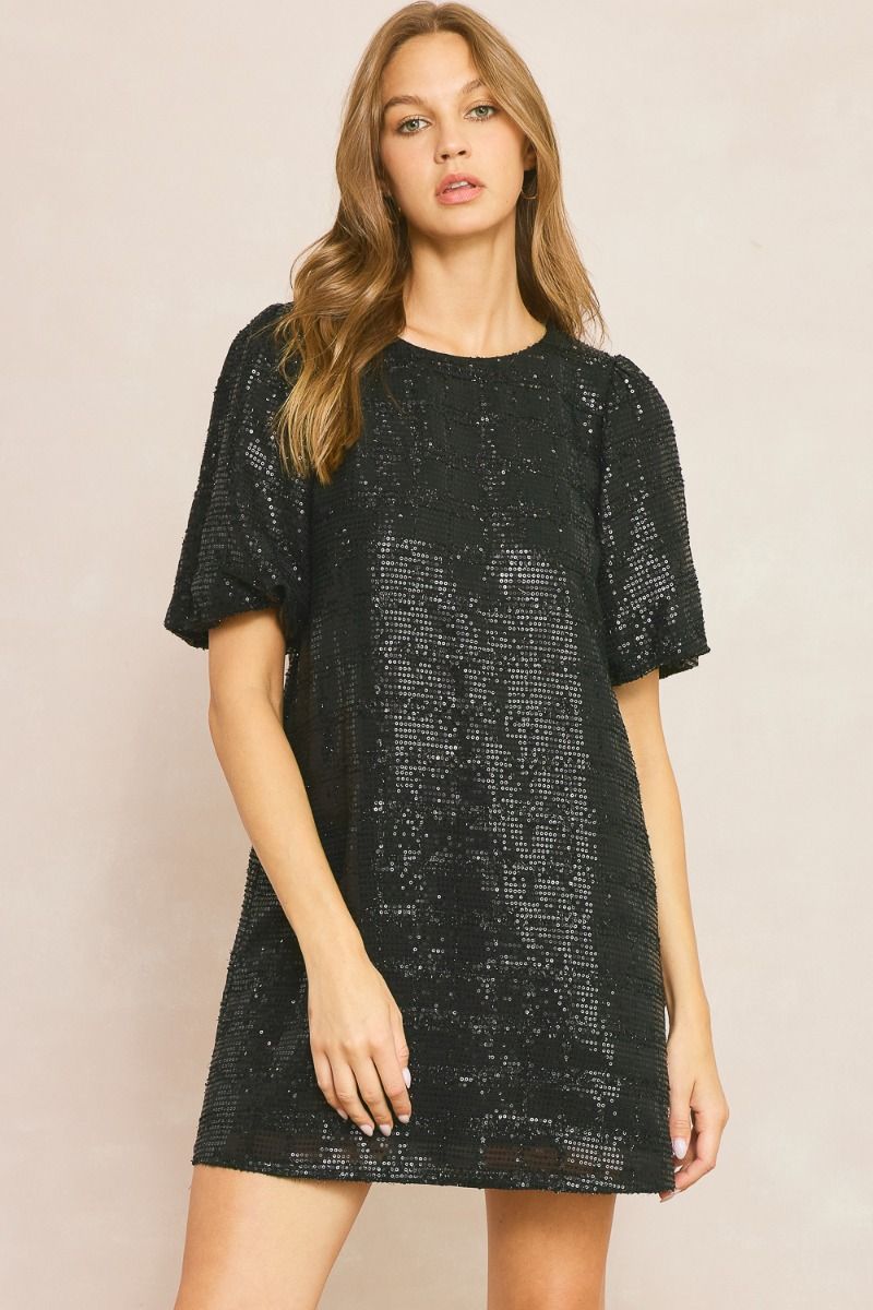 Regent Bubble Sleeve Black Sequin Square Detail Mini Dress - Black
