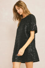 Load image into Gallery viewer, Regent Bubble Sleeve Black Sequin Square Detail Mini Dress - Black
