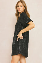 Load image into Gallery viewer, Regent Bubble Sleeve Black Sequin Square Detail Mini Dress - Black
