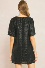 Load image into Gallery viewer, Regent Bubble Sleeve Black Sequin Square Detail Mini Dress - Black

